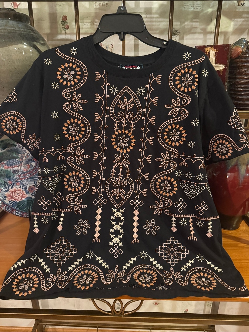 Johnny Was Embroidered Black Short-Sleeve Top with Peachy Pink & Cream Accents